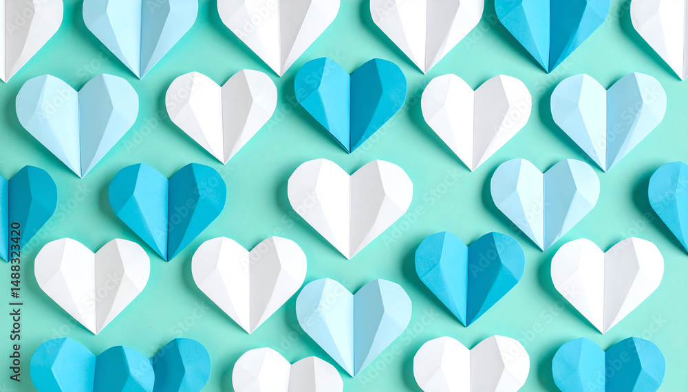 Poster colorful paper hearts in various shades of blue and white arranged in a pattern on a mint green back