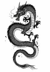 A coiled dragon rising into the air, with swirling ink trails emphasizing power and myth. Traditional Japanese style with bold, dynamic brush strokes