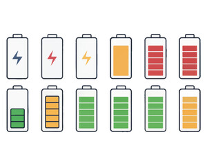 Battery icon set. Battery Full charge indicator or low charge sign,Battery Charging indicator in thin line and flat icon collection. Vector illustration