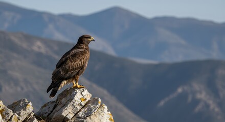 Fototapeta premium Majestic brown eagle perched on rocky peak overlooking mountain range wildlife photography on transparent background