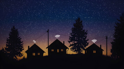 Night houses, wireless signal, starry sky, rural landscape, internet access