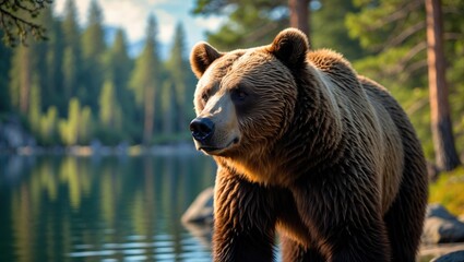 Fototapeta premium Wild large brown bear near a lake in the forest