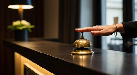 Close-up of hotel reception desk featuring antique brass service bell. Guest's hand reaching to ring for assistance, symbolizing luxury hospitality and customer service.