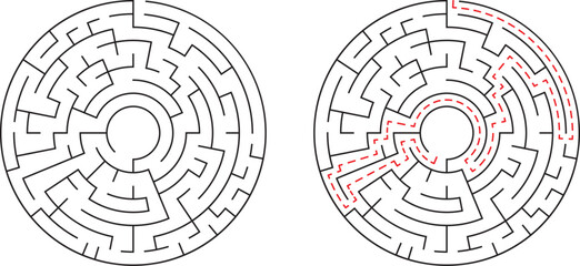 Two circular mazes one solved with highlighted path for problem solving and conceptual solutions
