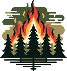 Flat Vector Illustration of Forest Fire with Tall Trees and Smoke – Minimal Wildfire Disaster Concept Art