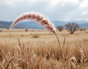 Obraz premium a tranquil rural scene in what appears to be a dry grassland area. at the center of the frame is a tall, slender plant with feathery seedheads, standing erect amidst the surrounding grasses
