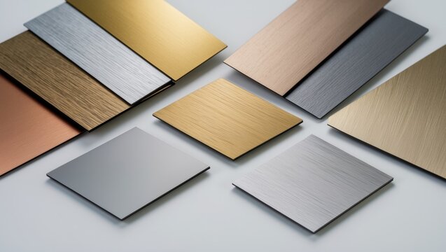 Textured brushed metallic laminated sample swatches. Collection of multi-colored and textured samples on a white background.