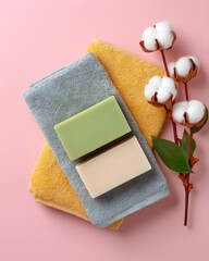 Two colorful soap bars placed on soft towels, accompanied by cotton flowers, creating a serene and inviting atmosphere for personal care and relaxation
