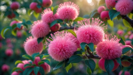 Pink rose apple flowers are beautifully blooming on the tree in the orchard.