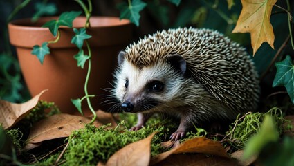 Fototapeta premium Wild Hedgehog in Natural Habitat: Erinaceus Europaeus with Green Moss and Golden Leaves