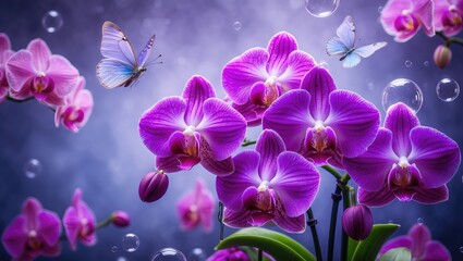 Whimsical butterfly alongside pink orchids and soaring bubbles © ArtificialHorizons