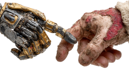 Digital Handshake: The human and machine hands touch, symbolizing unity and collaboration, The image emphasizes technological evolution and its relationship with humanity.