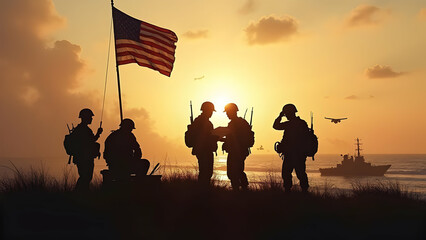 American Soldiers Establishing Field Command Post on Omaha Beach During D-Day with American Flag Marking Their Position and Officers Studying Maps