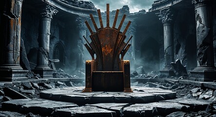 Rusty iron throne standing atop a cracked stone platform surrounded by blackened ruins