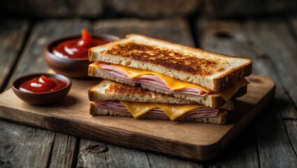 Crispy ham and cheese grilled sandwich served alongside ketchup on a wooden table