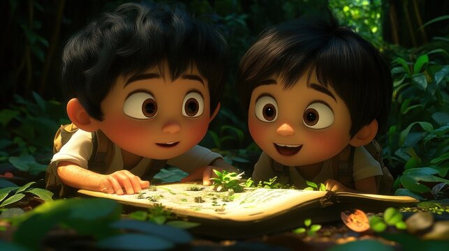 Two children, animation, exploring a map