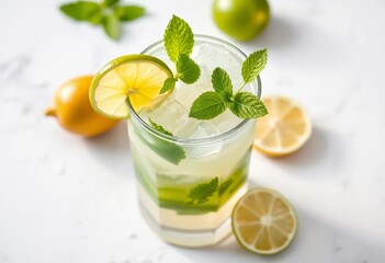 Fototapeta premium Iced mojito cocktail, vibrant mint and lime garnish on white, beverage, alcohol