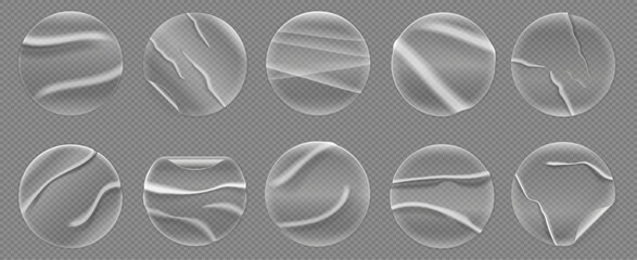 Transparent circle sticker. Round paper label mockup with adhesive glue effect, realistic circular tags for sale price. Vector isolated patch set