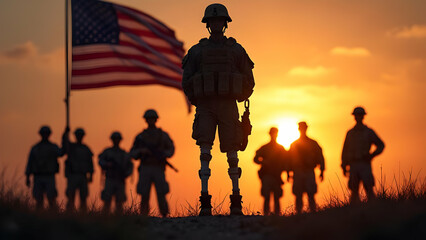 Wounded Warrior Silhouette with Visible Prosthetic Limb Standing Tall with Fellow Soldiers Before American Flag with Dramatic Sunset Creating Powerful Backlighting