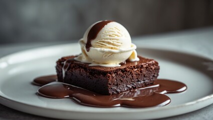 Ice cream topped brownie dessert on a plate