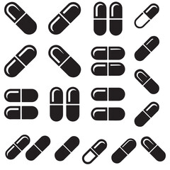 Capsule Pill Variations Line Art Illustrations, Collection of Various Capsule Pill Icons Black and White, 
