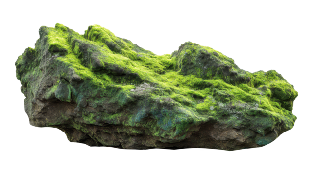 Verdant moss enveloping rugged stone surface, transparent backdrop providing seamless texture for botanical design compositions and digital artwork