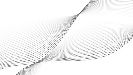 Fototapeta premium Dot wave background. Line curve pattern, black and white wavy dynamic flowing particles backdrop, abstract halftone gradient wallpaper design. Vector illustration