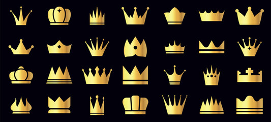 Golden crown icons. Royal king queen luxury crowns, gold coronation crest symbol for prince princess, nobility authority crowned award sign. Vector isolated set