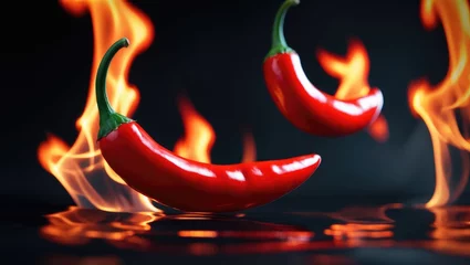 Plexiglas schilderij Hete pepers Close-up of two red chili peppers engulfed in flames against a black backdrop  © ArtificialHorizons
