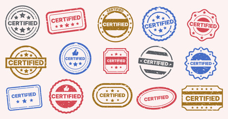 Obraz premium Certified stamp. Quality guarantee rubber seal, verification and approving document certify emblem, circle blue red badge with stars. Vector round stamps set