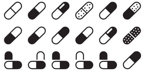 Capsule Pill Variations Line Art Illustrations, Collection of Various Capsule Pill Icons Black and White, 