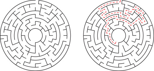 A complex circular maze with solved path illuminated in red representing solutions