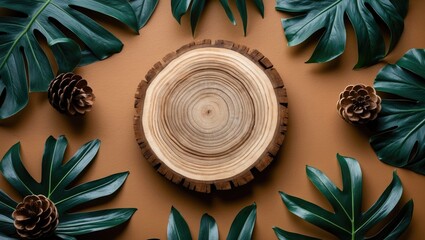 Wooden section featuring leaves on a brown backdrop. Showcase for beauty products. Concept of eco-friendly organic cosmetics. Bird's eye view, mockup. Product marketing.