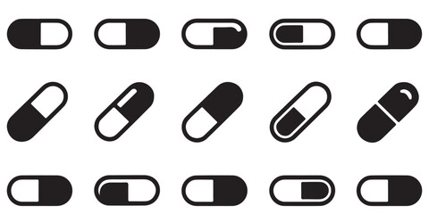 Capsule Pill Variations Line Art Illustrations, Collection of Various Capsule Pill Icons Black and White, 