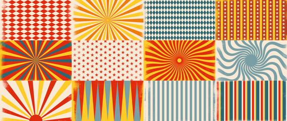 Circus retro background. Vintage fair carnival posters with radial sunshine ray burst and geometric shapes, retro circus spiral backdrop. Vector carnival wallpaper set