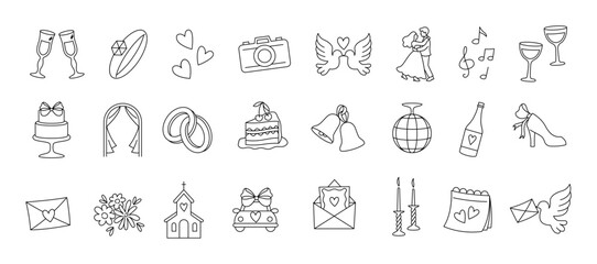 Wedding doodle icons. Invitation card symbols, outline marriage pictograms, bride and groom, love heart, engagement rings, wedding cake and flowers. Vector marriage set