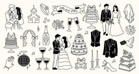 Hand drawn marriage. Wedding celebration romantic elements, cute doodle icons with bride groom rings cake flowers champagne. Vector wedding sketch set