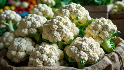 This image displays a new collection of cauliflowers piled together. The cauliflowers have off-white heads with minor dirt spots, presenting a natural, farm-fresh look.