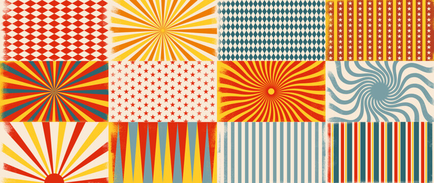 Circus retro background. Vintage fair carnival posters with radial sunshine ray burst and geometric shapes, retro circus spiral backdrop. Vector carnival wallpaper set