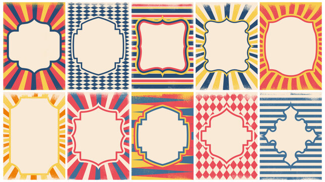Circus vintage poster. Retro carnival frame with striped tent geometric pattern, old circus advertisement and invitation banners with empty borders. Vector carnival framing set
