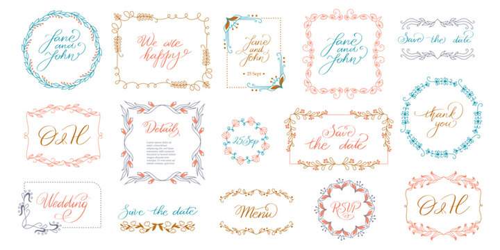 Rustic wedding monogram. Floral decorative frames, flower wreath and branches, initials banner design, vintage elegant flourish ornament borders. Vector wedding frame set