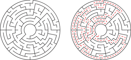 Circular maze with solution showing path to successful problem solving and strategy
