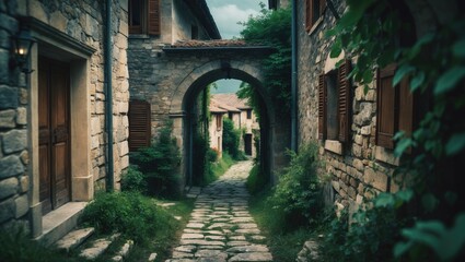A tight cobblestone street in a rustic village, encircled by old stone edifices with wooden shutters and greenery. The archway passageway connects to further houses.