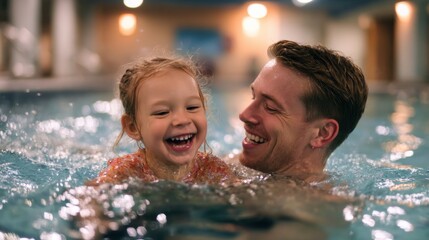 A joyful father and daughter swimming together in an indoor pool, sharing a happy moment perfect for father's day