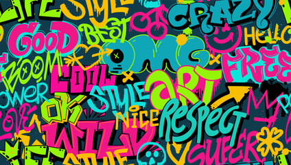 Graffiti pattern. Colorful background of wall street art spray font, abstract urban hip hop seamless print, painted graffiti urbanist rap design. Vector texture © Tartila