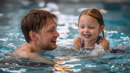 Happy father teaching his young daughter to swim in an indoor pool, sharing a joyful bonding moment, perfect for father's day