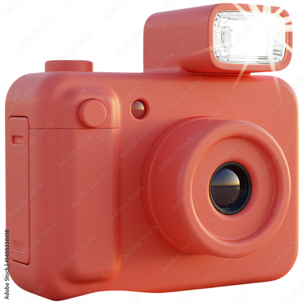 Poster salmon colored retro camera with flash isolated on a transparent background