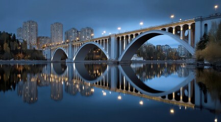 Fototapeta premium Beautiful Urban Bridge Reflected in Water at Dusk