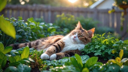 Close-up of a calico cat resting in a bed of green plants in an outdoor garden by a fence