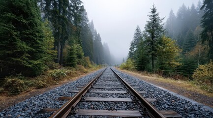 Tranquil Railway Through Misty Forest Landscape  